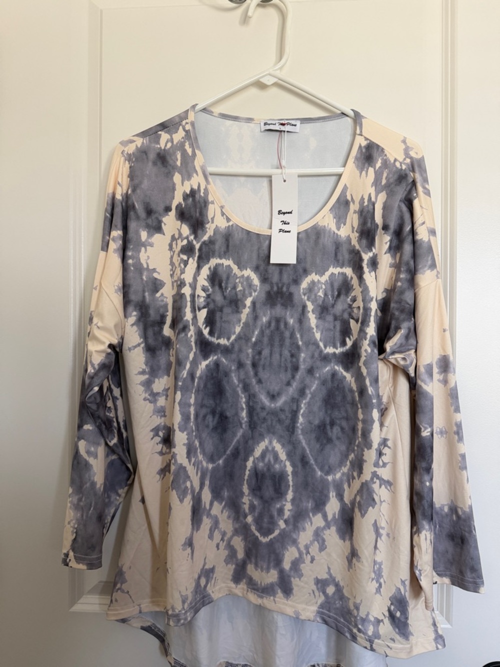 Casual Scoop-Neck Long Sleeve Tie-Dye Top & Pants in Cream & Gray